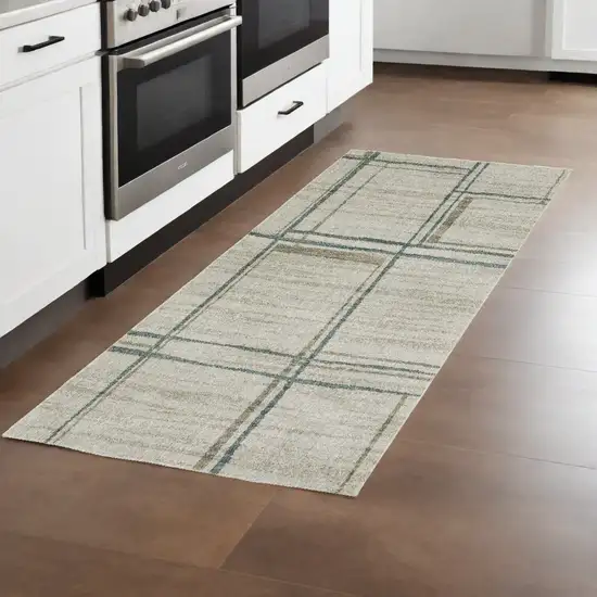 Grey Teal Beige and Tan Geometric Power Loom Runner Rug Photo 1