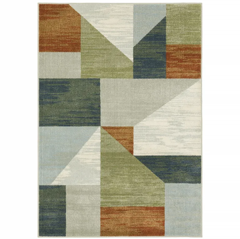 Grey Teal Blue Rust Green And Ivory Geometric Power Loom Stain Resistant Area Rug Photo 1