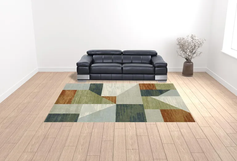 Grey Teal Blue Rust Green And Ivory Geometric Power Loom Stain Resistant Area Rug Photo 2