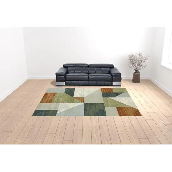 Grey Teal Blue Rust Green And Ivory Geometric Power Loom Stain Resistant Area Rug Photo 2