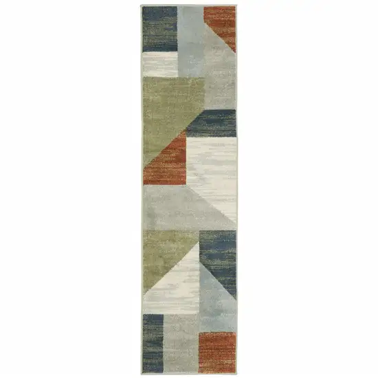 Grey Teal Blue Rust Green And Ivory Geometric Power Loom Stain Resistant Runner Rug Photo 1