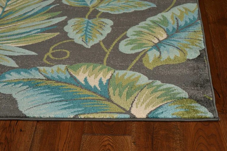 Grey Teal Machine Woven Oversized Tropical Leaves Indoor Area Rug Photo 2