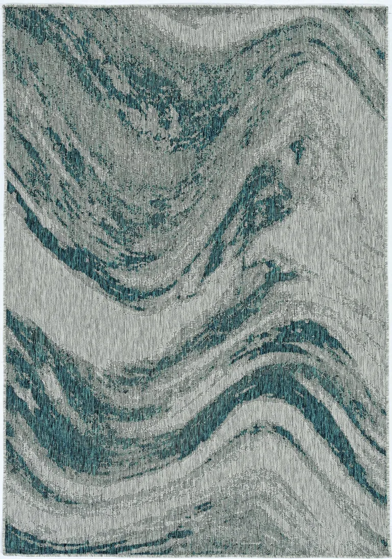 Grey Teal Machine Woven UV Treated Abstract Waves Indoor Outdoor Accent Rug Photo 2