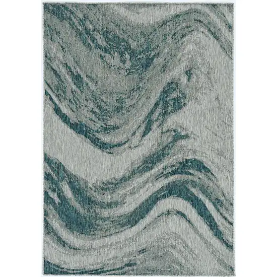 Grey Teal Machine Woven UV Treated Abstract Waves Indoor Outdoor Accent Rug Photo 2