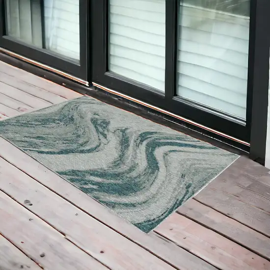 3'X4' Grey Teal Machine Woven Uv Treated Abstract Waves Indoor Outdoor Accent Rug Photo 1