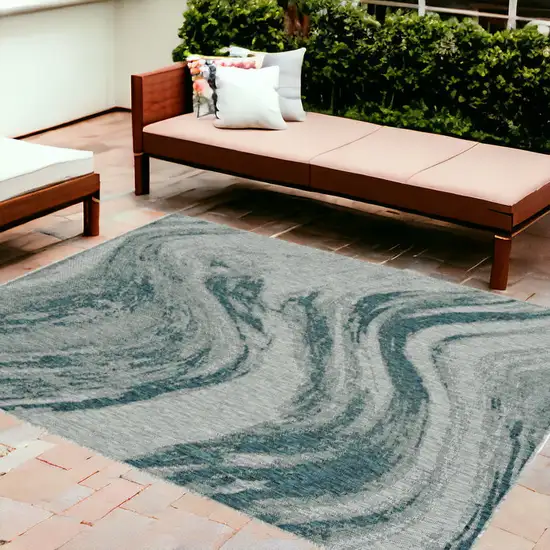 8'X11' Grey Teal Machine Woven Uv Treated Abstract Waves Indoor Outdoor Area Rug Photo 2