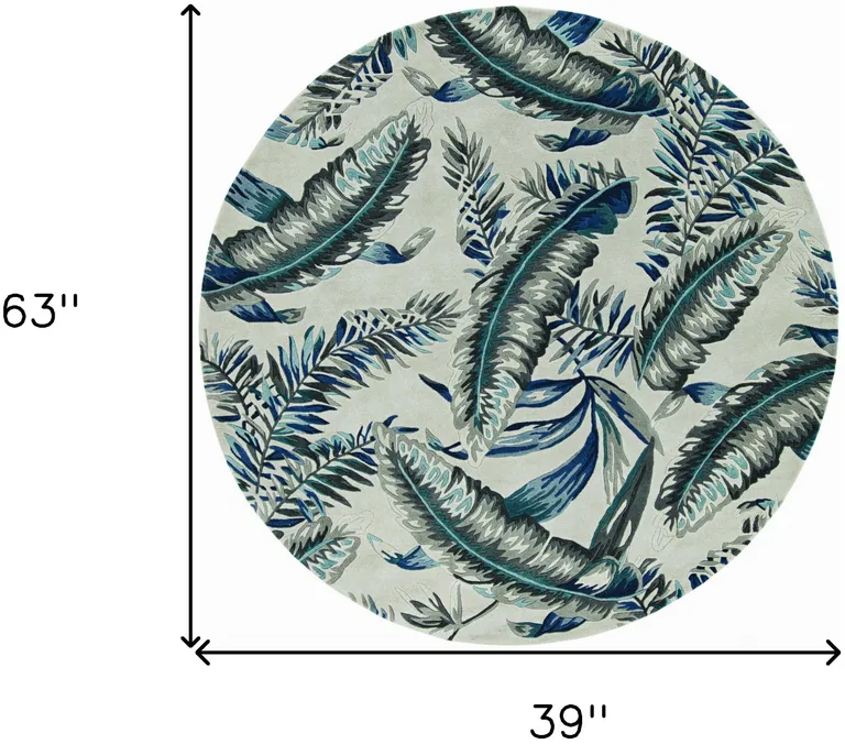 Grey or Blue Tropical Leaves Wool Area Rug Photo 4