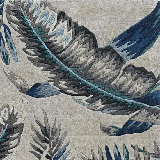 Grey or Blue Tropical Leaves Wool Area Rug Photo 3