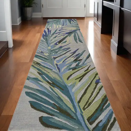 2' X 10' Grey Or Blue Tropical Leaves Wool Indoor Runner Rug Photo 1