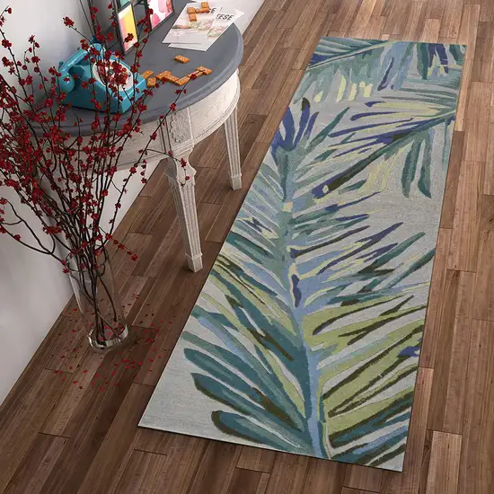 Grey or Blue Tropical Leaves Wool Indoor Runner Rug Photo 4