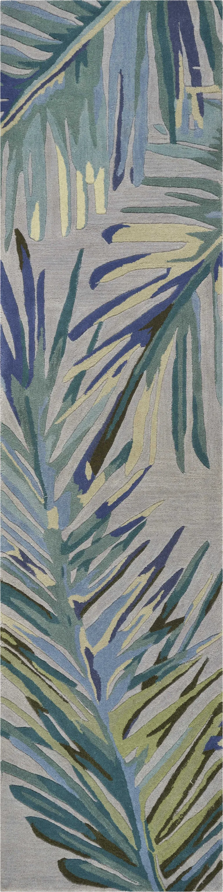 Grey or Blue Tropical Leaves Wool Indoor Runner Rug Photo 1