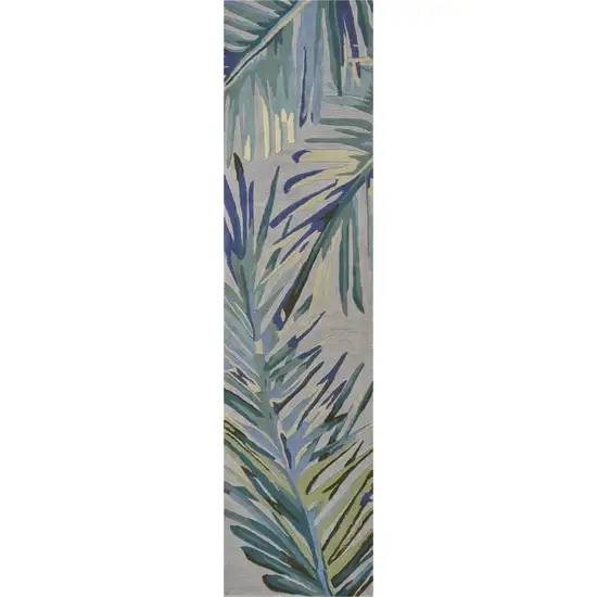 Grey or Blue Tropical Leaves Wool Indoor Runner Rug Photo 1