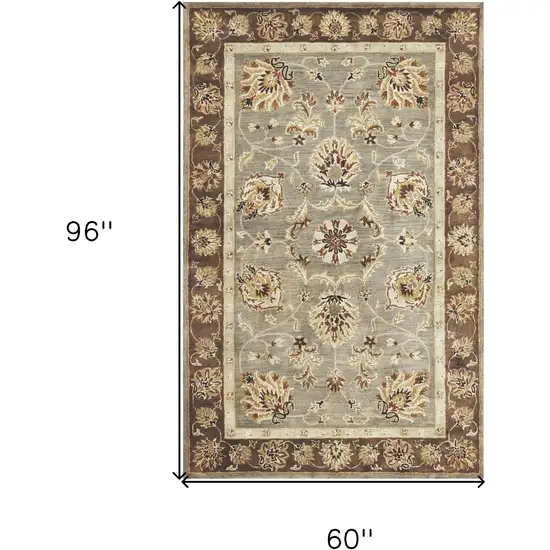 Grey Or Mocha  Floral Bordered Wool Indoor Area Rug Photo 3