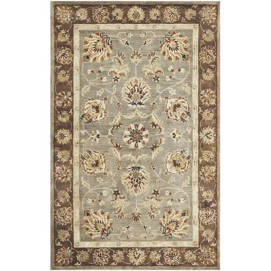 Grey Or Mocha  Floral Bordered Wool Indoor Area Rug Photo 2