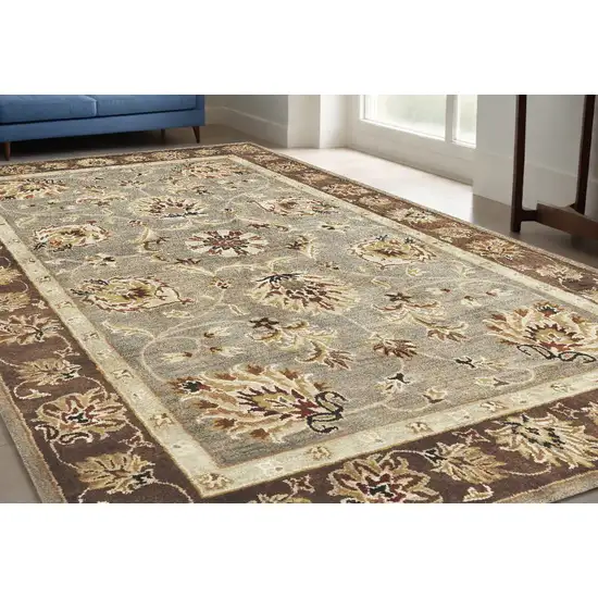 Grey Or Mocha  Floral Bordered Wool Indoor Area Rug Photo 1