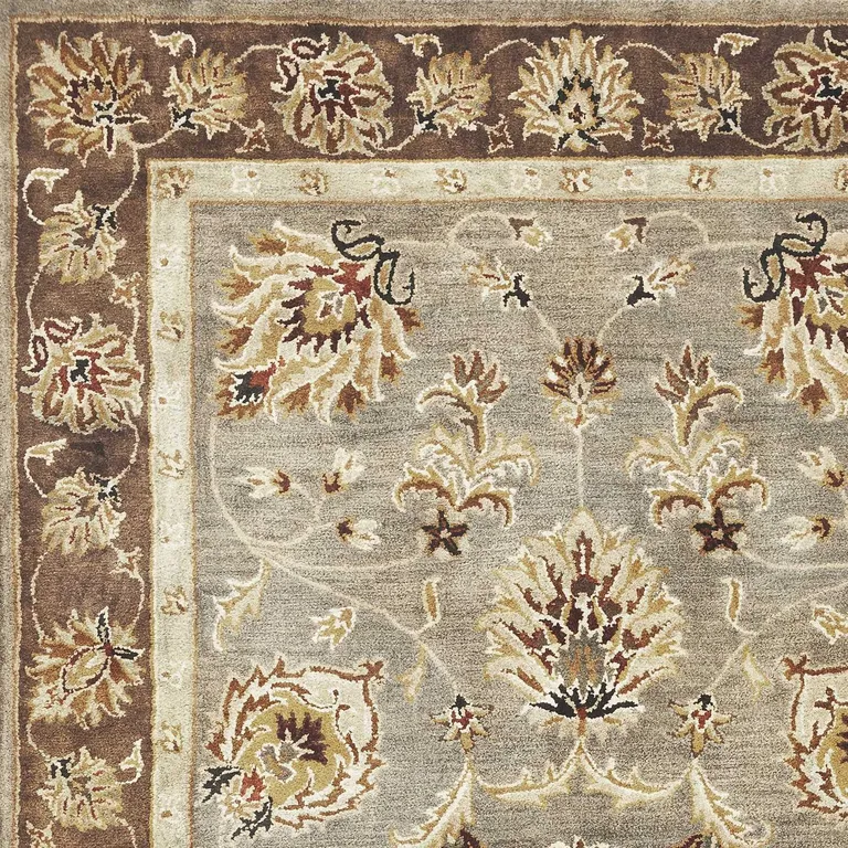 Grey or Mocha Floral Vines Bordered Wool Runner Rug Photo 3