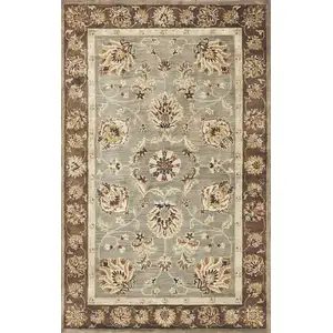 Photo of Grey or Mocha Floral Vines Bordered Wool Runner Rug