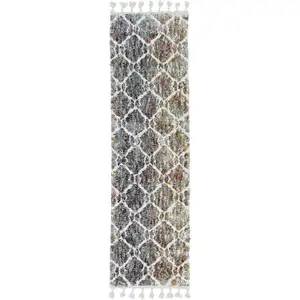 Photo of Grey or Sand Geometric Abstract Diamonds Indoor Area Rug with Fringe