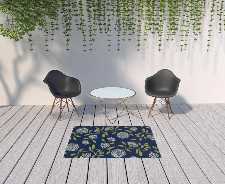 Indigo and Lime Green Floral Indoor Outdoor Area Rug Photo 4