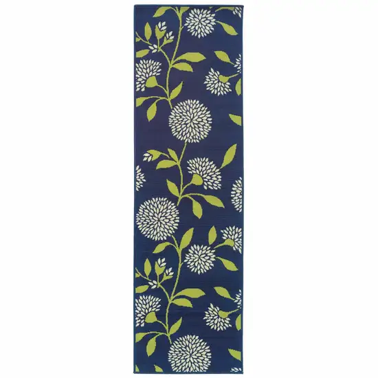 Indigo and Lime Green Floral Indoor or Outdoor Runner Rug Photo 1