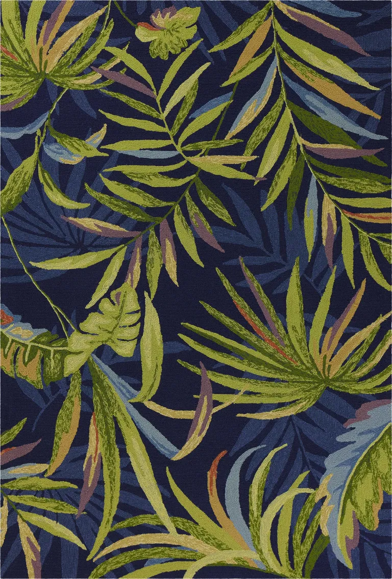 Ink Blue Tropical Leaves UV Treated Indoor Outdoor Area Rug Photo 1