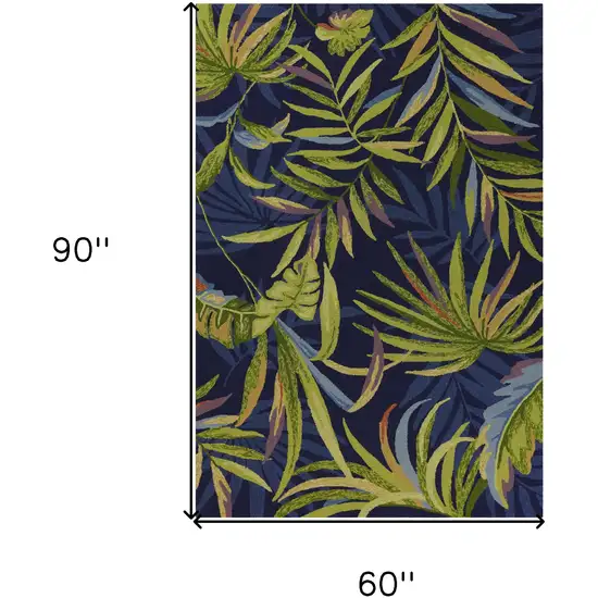 5' X 7' Ink Blue Tropical Leaves Uv Treated Indoor Outdoor Area Rug Photo 3