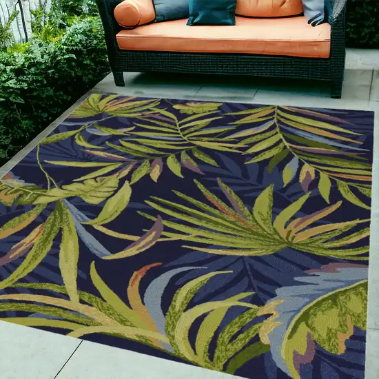 5' X 7' Ink Blue Tropical Leaves Uv Treated Indoor Outdoor Area Rug Photo 1