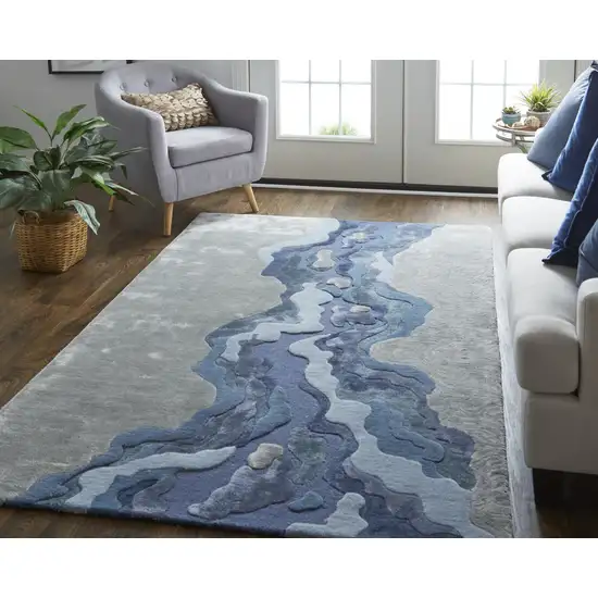 Ivor Gray And Blue Wool Abstract Tufted Handmade Area Rug Photo 3