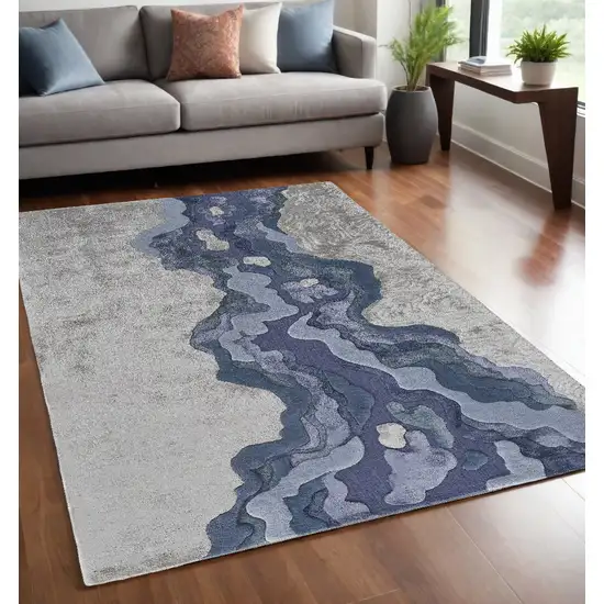 Blue and Gray Wool Abstract Hand Tufted Area Rug Photo 1