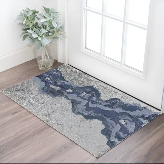 Blue and Gray Wool Abstract Hand Tufted Area Rug Photo 2