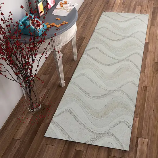 Ivory Abstract Waves Wool Runner Rug Photo 5