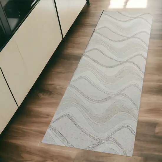 2' X 7' Ivory Abstract Waves Wool Runner Rug Photo 1