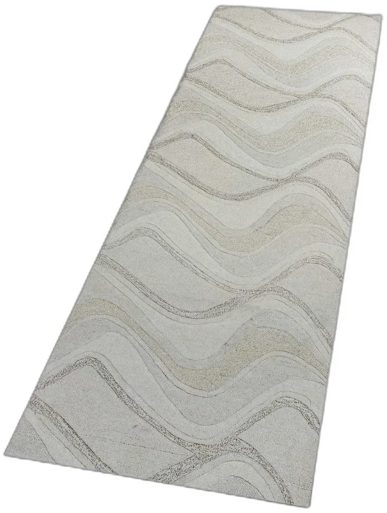 Ivory Abstract Waves Wool Runner Rug Photo 4