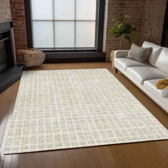 Ivory And Beige Geometric Washable Indoor Outdoor Area Rug Photo 8