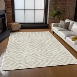 Photo of Ivory And Beige Geometric Washable Indoor Outdoor Area Rug