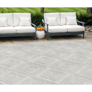 Photo of Ivory And Beige Geometric Washable Indoor Outdoor Area Rug