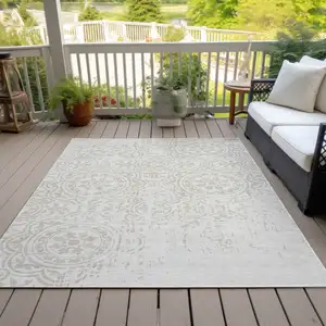 Photo of Ivory And Beige Medallion Washable Indoor Outdoor Area Rug