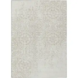 Photo of Ivory And Beige Medallion Washable Indoor Outdoor Area Rug