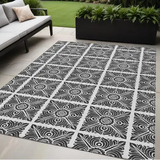 Ivory And Black Medallion Washable Indoor Outdoor Area Rug Photo 1