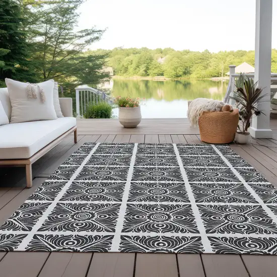 Ivory And Black Medallion Washable Indoor Outdoor Area Rug Photo 8