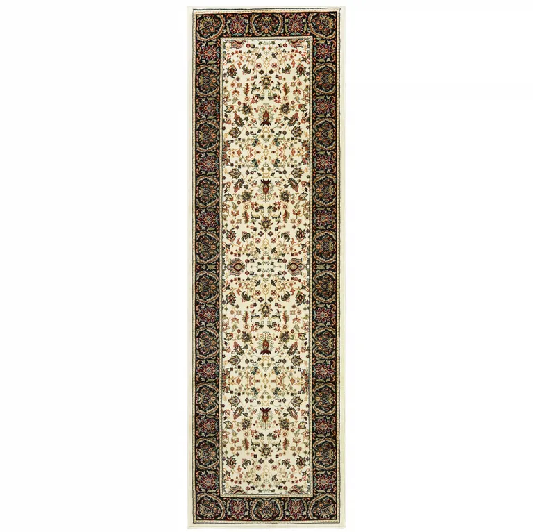 Ivory And Black Oriental Power Loom Stain Resistant Runner Rug Photo 1