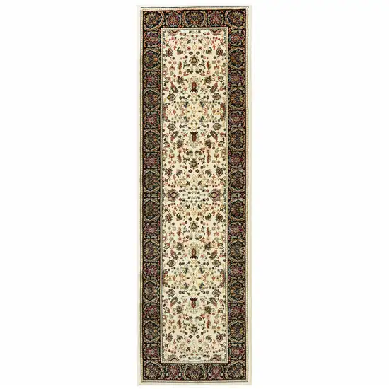 Ivory And Black Oriental Power Loom Stain Resistant Runner Rug Photo 1