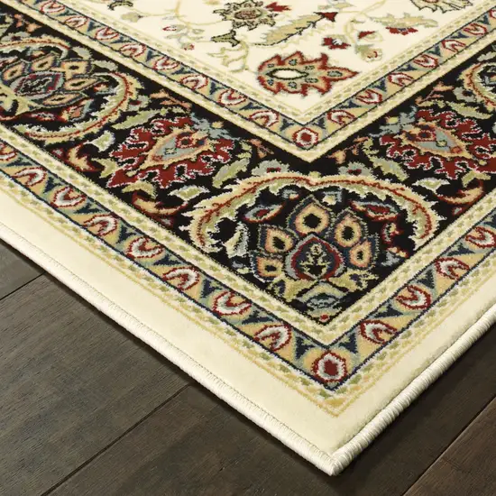 Ivory And Black Oriental Power Loom Stain Resistant Runner Rug Photo 3