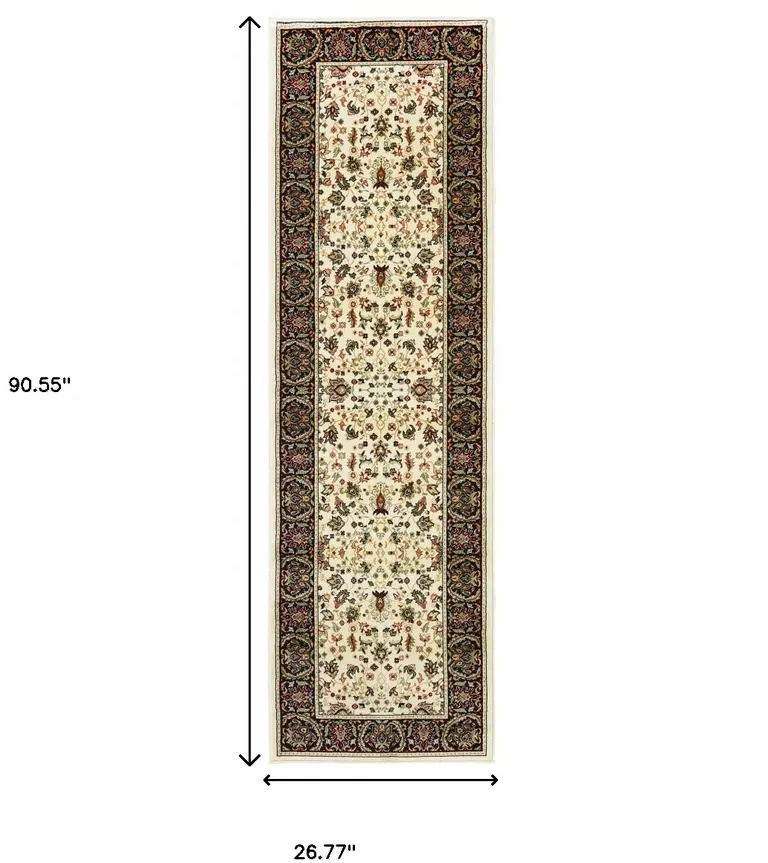 Ivory And Black Oriental Power Loom Stain Resistant Runner Rug Photo 4