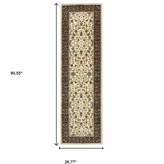 Ivory And Black Oriental Power Loom Stain Resistant Runner Rug Photo 4