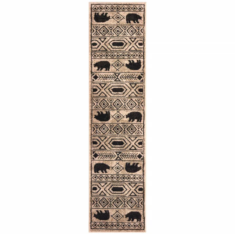 Ivory And Black Southwestern Power Loom Stain Resistant Runner Rug Photo 1