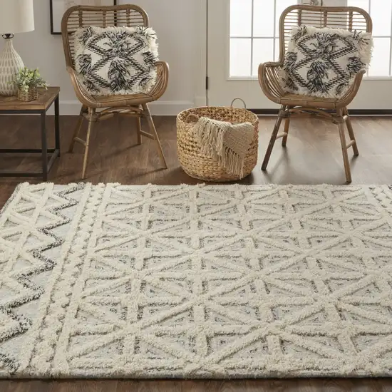 Ivory And Black Wool Geometric Tufted Handmade Stain Resistant Area Rug Photo 8