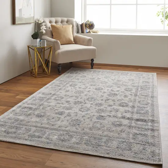 Ivory And Blue Abstract Power Loom Distressed Area Rug Photo 5