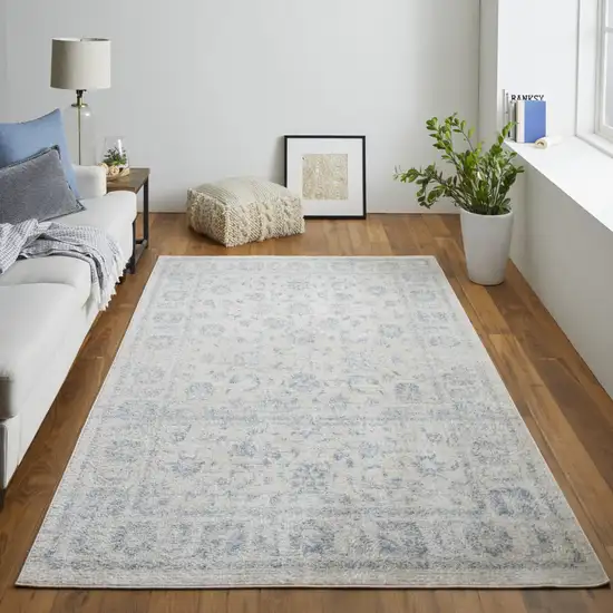 Ivory And Blue Abstract Power Loom Distressed Area Rug Photo 7