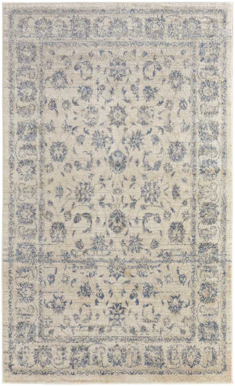 Ivory And Blue Abstract Power Loom Distressed Area Rug Photo 1